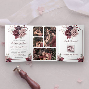 Dusty Pink Burgundy Floral Frame QR Code Wedding Tri-Fold Invitation