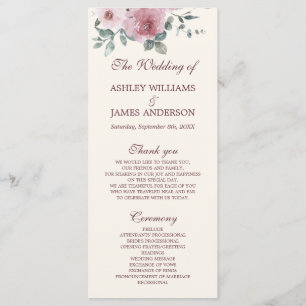 Dusty Pink Burgundy Floral Ivory Wedding Program Programme