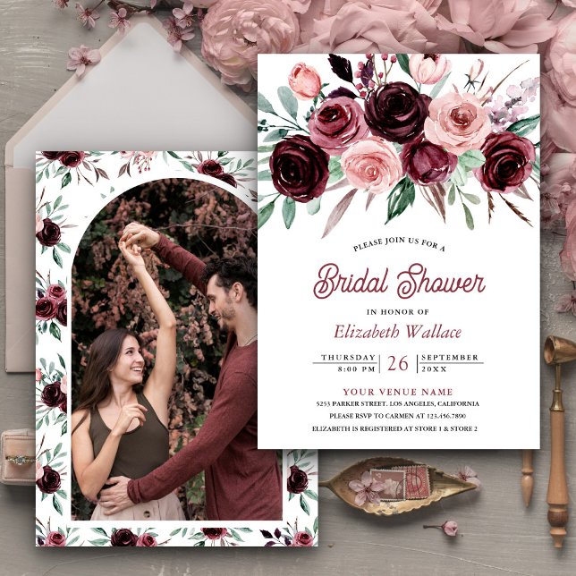 Dusty Pink Burgundy Floral Photo Bridal Shower Invitation (Creator Uploaded)