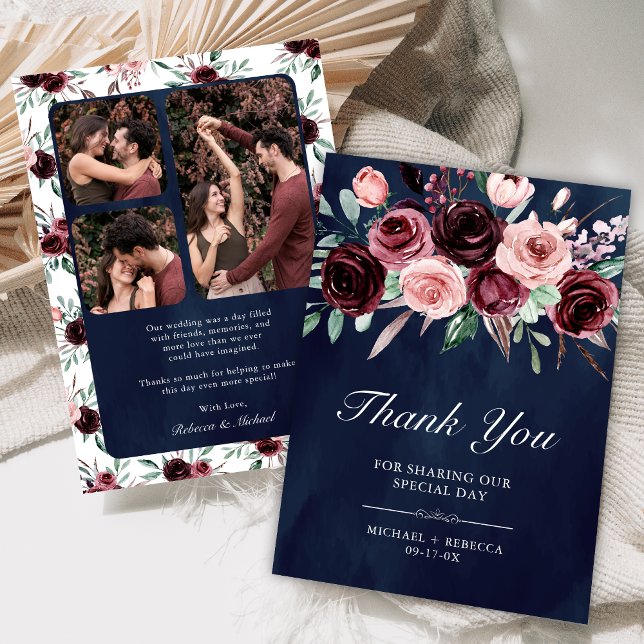 Dusty Pink Burgundy Floral Photo Navy Wedding Thank You Card (Creator Uploaded)