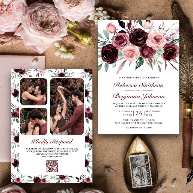 Dusty Pink Burgundy Floral QR Code Wedding Invitation (Creator Uploaded)