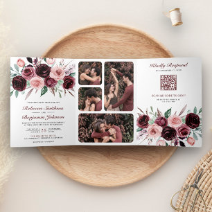 Dusty Pink Burgundy Floral QR Code Wedding Tri-Fold Invitation