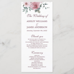 Dusty Pink Burgundy Floral Wedding Program Programme