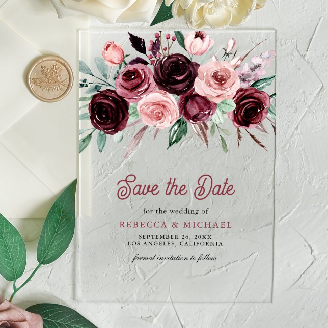 Dusty Pink Burgundy Floral Wedding Save the Date Acrylic Invitations (Creator Uploaded)