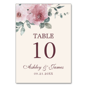 Dusty Pink Burgundy Floral Wedding Table Number