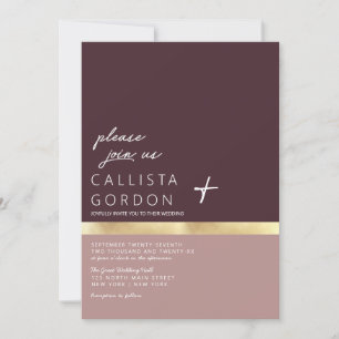 Dusty Pink Burgundy Red Gold Colour Block Wedding Invitation