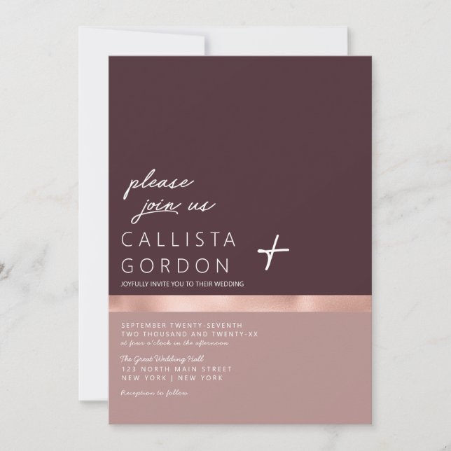 Dusty Pink Burgundy Rose Gold Colour Block Wedding Invitation (Front)