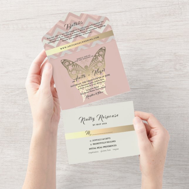 Dusty Pink Butterfly All-in-One Wedding Invite (Tearaway)