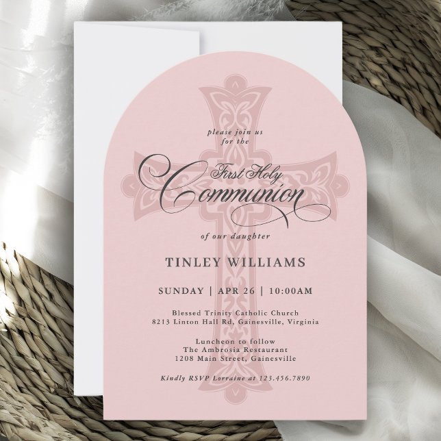 Dusty Pink Celtic Cross First Holy Communion Invitation (Available in both printed and instant download digital formats.)