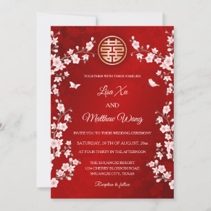 Dusty Pink Cherry Blossom Chinese Wedding Invitation