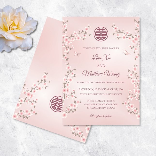  Dusty Pink Cherry Blossom Chinese Wedding Invitation (Creator Uploaded)