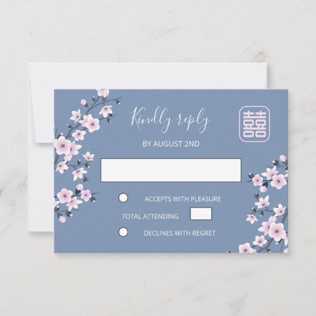 Dusty Pink Cherry Blossom Chinese Wedding RSVP Card (Front)