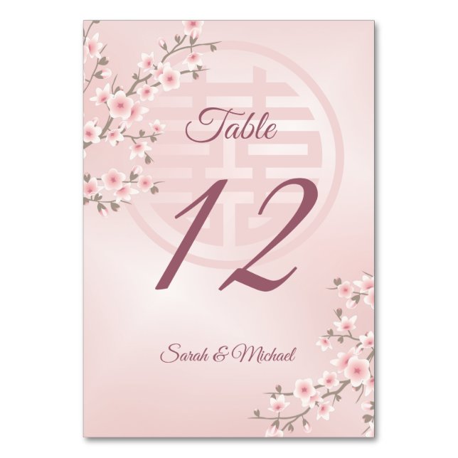 Dusty Pink Cherry Blossom Chinese Wedding Table Number (Back)