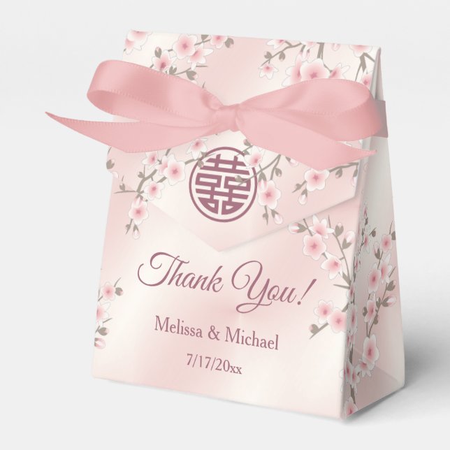 Dusty Pink Cherry Blossom Custom Chinese Wedding Favour Box (Front Side)