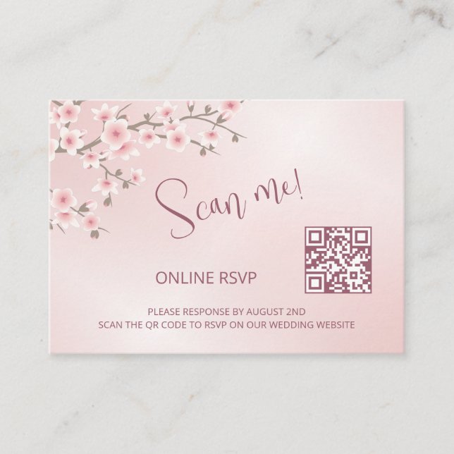 Dusty Pink Cherry Blossom QR Code RSVP Online Enclosure Card (Front)
