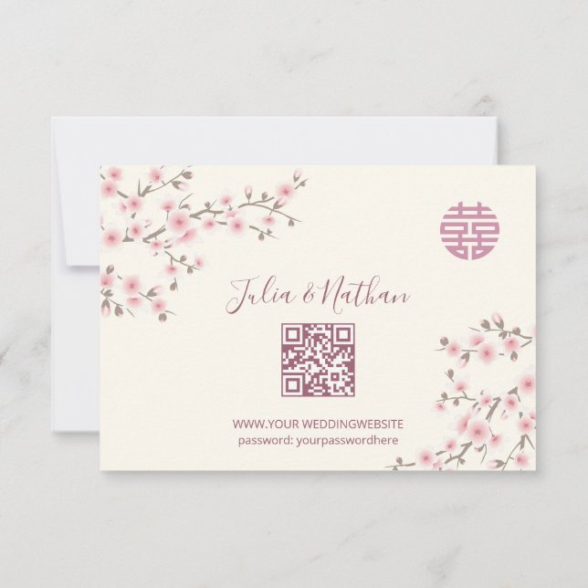 Dusty PInk Cherry Blossom  RSVP Chinese Wedding Card (Back)