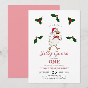 Dusty Pink Christmas Silly Goose Girl 1st Birthday Invitation