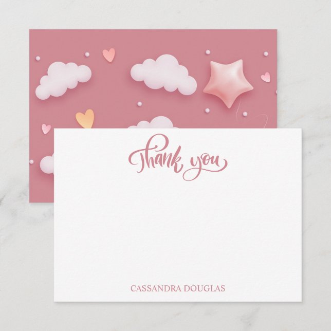 Dusty Pink Cloud Theme Girl Baby Shower Thank You Card (Front/Back)