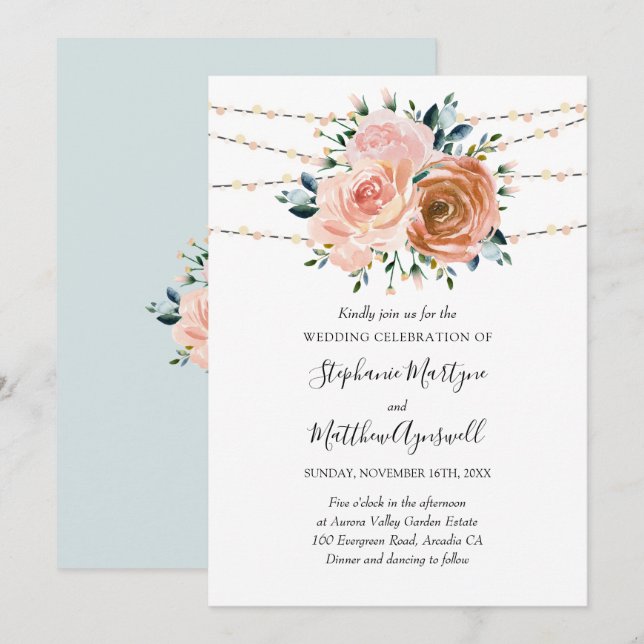 Dusty Pink Coral Blue Botanical Lights Wedding Invitation (Front/Back)