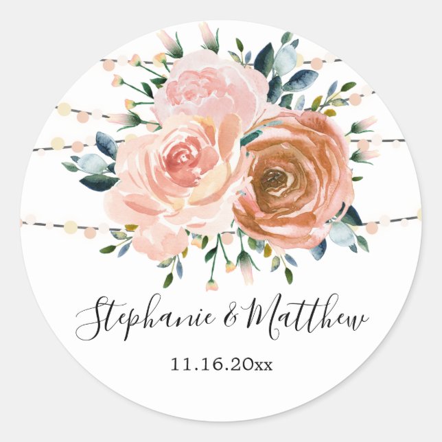Dusty Pink Coral Botanical String Lights Wedding Classic Round Sticker (Front)