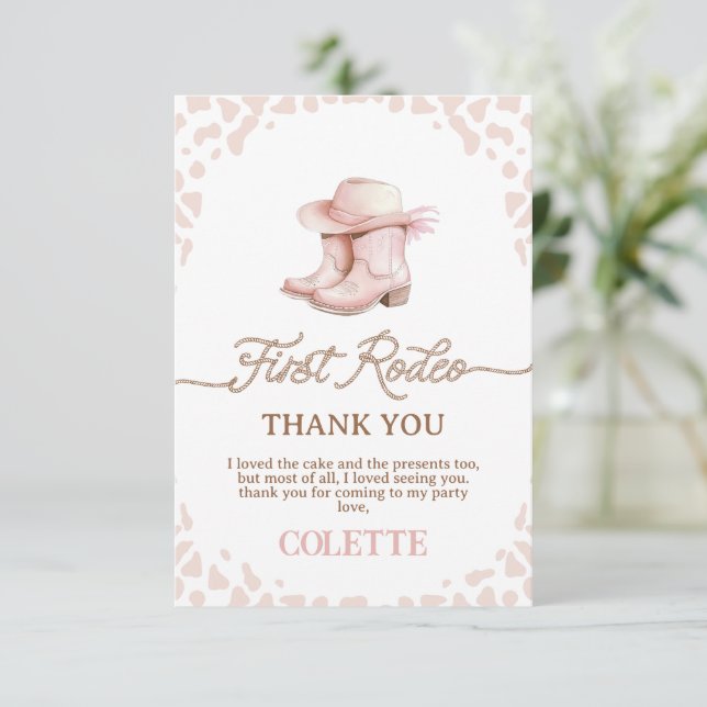 Dusty Pink Cowgirl Boots First Rodeo 1st Birthday  Thank You Card (Standing Front)