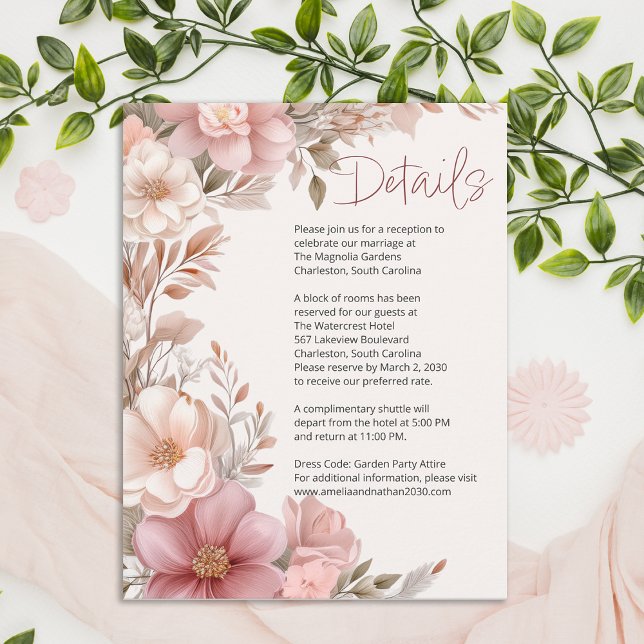Dusty Pink Cream Magnolia Floral Wedding Details Enclosure Card (Creator Uploaded)