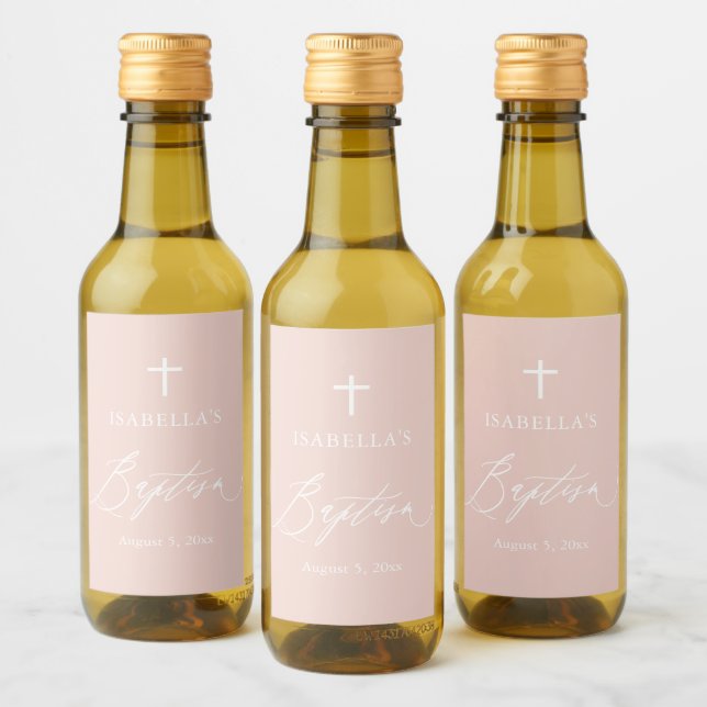 Dusty Pink Cross Girl Baptism Mini Wine Label (Bottles)