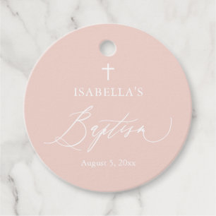 Dusty Pink Cross Girl Baptism Round Favour Tags