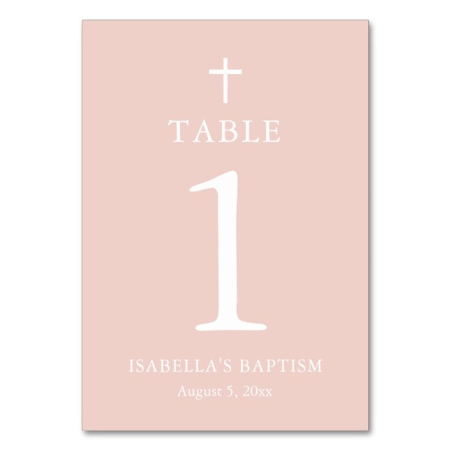 Dusty Pink Cross Girl Baptism Table Number Card (Front)