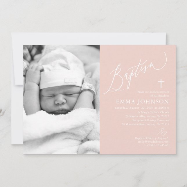 Dusty Pink Cross Girl Photo Baptism Invitation (Front)