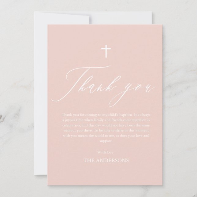 Dusty Pink Cross Girl Photo Baptism Thank You Card (Front)