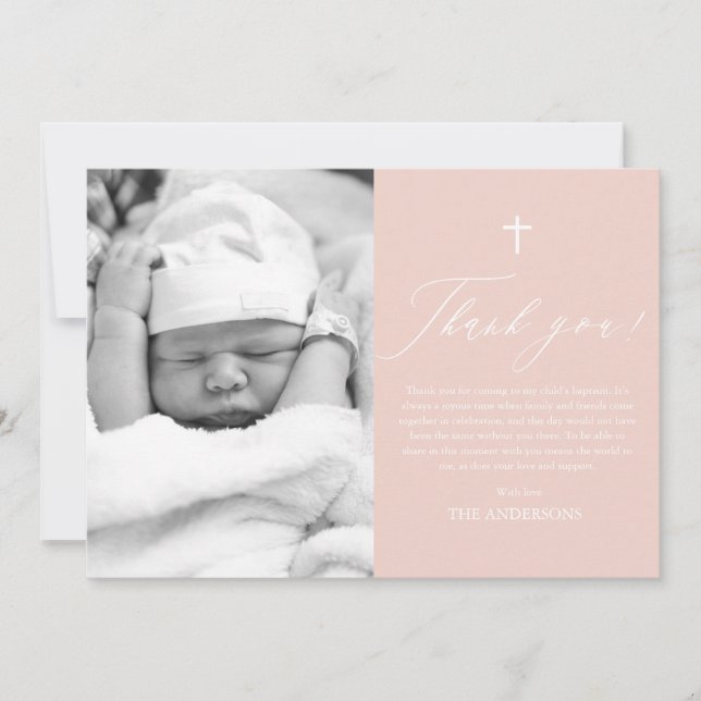 Dusty Pink Cross Girl Photo Baptism Thank You Card (Front)