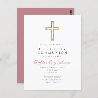 Dusty Pink Cross Religious Boy First Communion Postcard