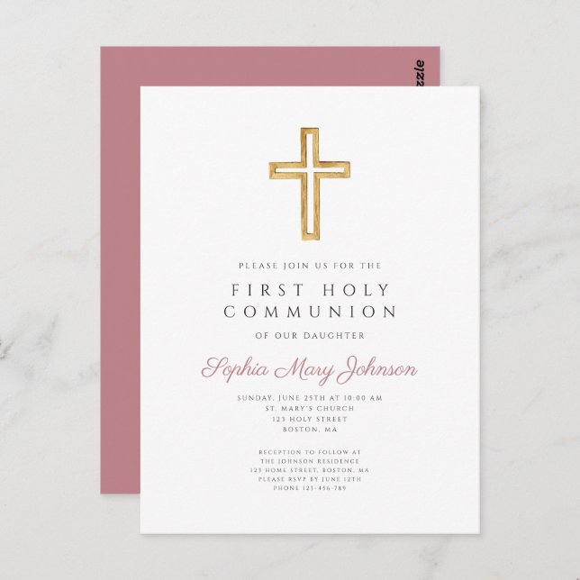 Dusty Pink Cross Religious Boy First Communion Postcard (Front/Back)