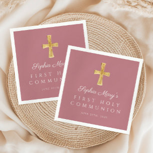 Dusty Pink Cross Religious Girl First Communion Napkin