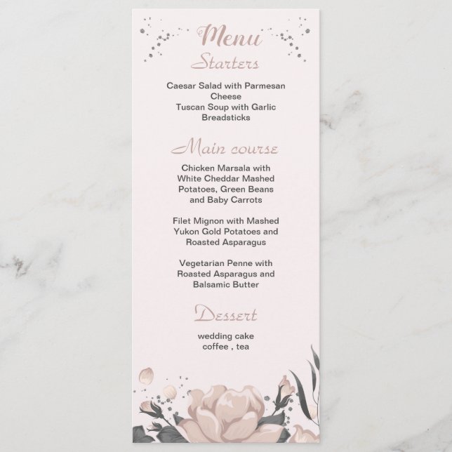 dusty pink dark grey flowers botanical wedding menu (Front)