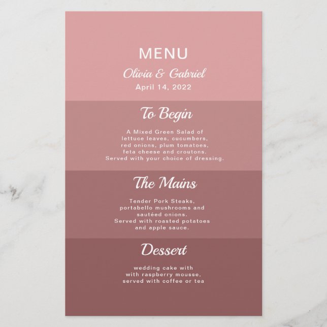 Dusty pink deep blush Stylish Elegant wedding menu (Front)
