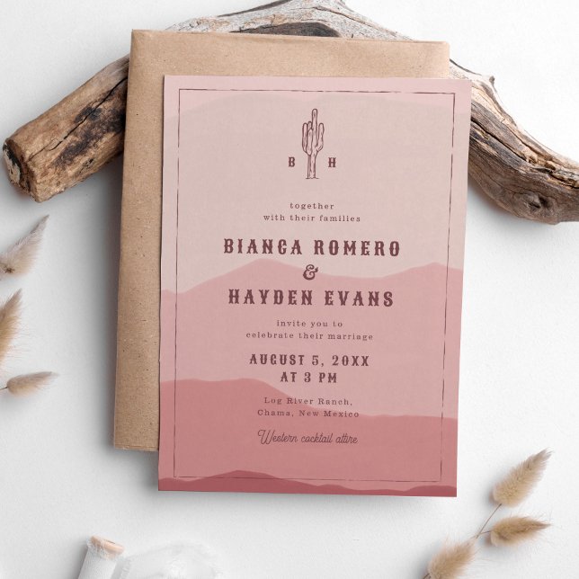 Dusty Pink Desert Cactus Western Wedding Invitation (Western wedding invitation with painted desert landscape and cactus illustration in dusty pink.)