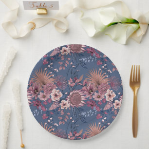 Dusty pink dried botanical florals slate blue  paper plate