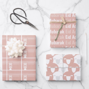 Dusty Pink Eid Adha Mubarak Kaaba Sheep Pattern Wrapping Paper Sheet