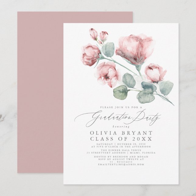 Dusty Pink Elegant Boho Floral Graduation Party Invitation (Front/Back)