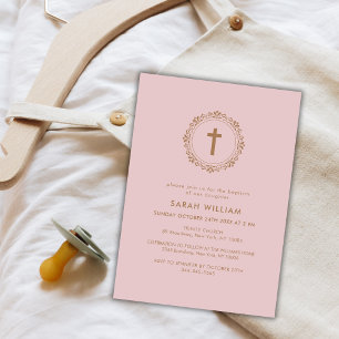 Dusty Pink Elegant Classic Cross Wreath Baptism  Invitation