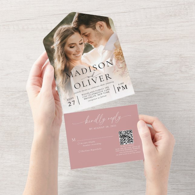 Dusty Pink Elegant Classic QR Code Photo Wedding All In One Invitation (Tearaway)