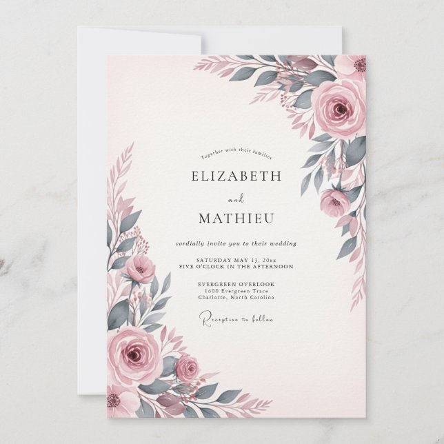 Dusty Pink Enchanting Botanical Wedding Invitation (Front)