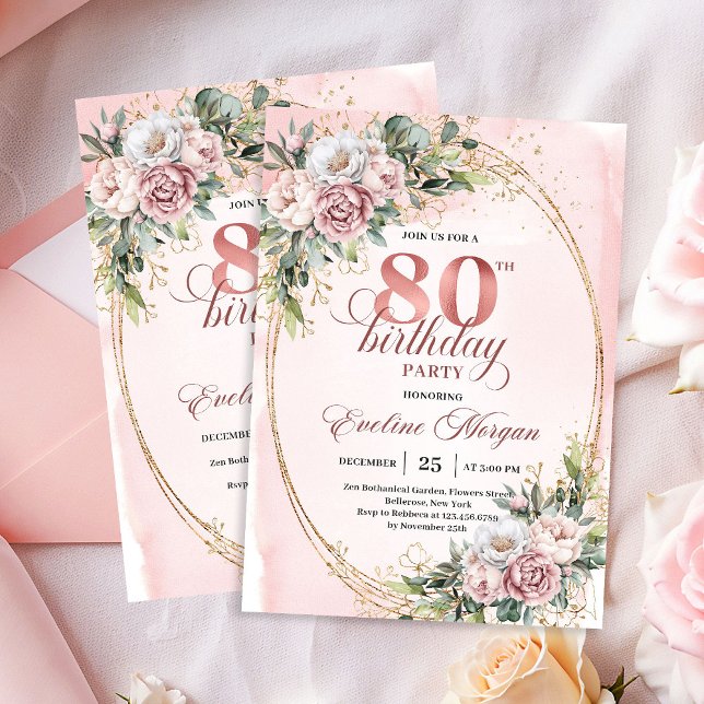 Dusty Pink Eucalyptus 80th Birthday Invite Card (Dusty Pink Eucalyptus 80th Birthday Invite Card)