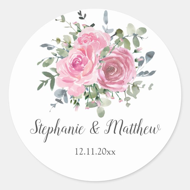 Dusty Pink Eucalyptus Botanical Floral Wedding Classic Round Sticker (Front)
