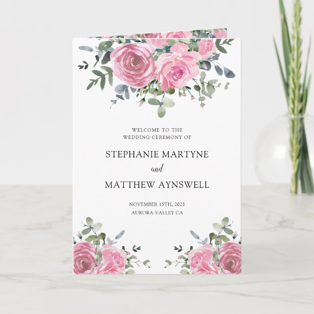 Dusty Pink Eucalyptus Botanical Wedding Program Programme (Front)