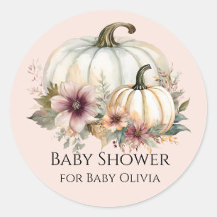 Dusty Pink Fall Floral White Pumpkin Baby Shower Classic Round Sticker