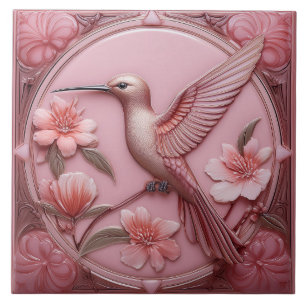 Dusty pink faux relief Art Nouveau Hummingbird L Tile