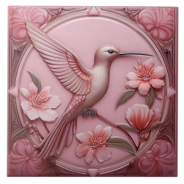 Dusty pink faux relief Art Nouveau Hummingbird R Tile (Front)